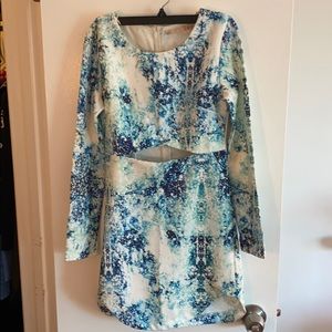 Blue, teal, white long sleeve dress